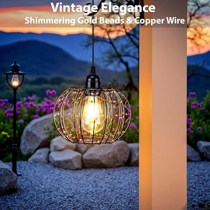 Battery Operated Hanging Chandelier Outdoor, Set of 3 with Remote, No Wiring, Boho Copper Wire Beaded Pendant Light, IP55 Weatherproof, Dimmable Timer, for Gazebo Pergola Porch Patio Decor