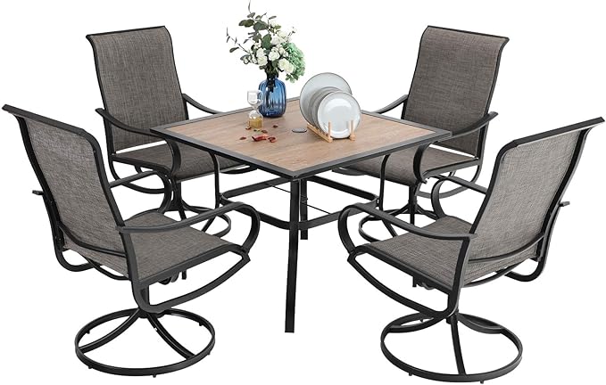 PHI VILLA 5 Pcs Patio Dining Set for 4, Swivel Mesh Chairs, Brown | 4 textilene dining chairs. 37" PVC square table top w/ umbrella hole, all weather E-coated metal frame for outdoor deck lawn