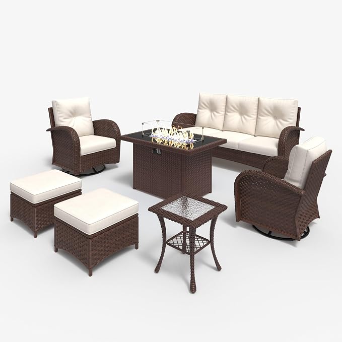 LayinSun 7 Pieces Outdoor Patio Furniture Set with Fire Pit Table, Rattan Wicker Sectional Swivel Rocker Chairs Sets