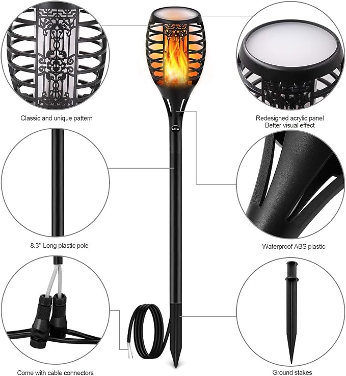 LUYE Low Voltage Torch Landscape Lights Wired Flickering Flames Torches Pathway Lights 12V Outdoor Torch Lighting with Connector Waterproof Landscape Lighting for Christmas Yard Decoration (8Pack)