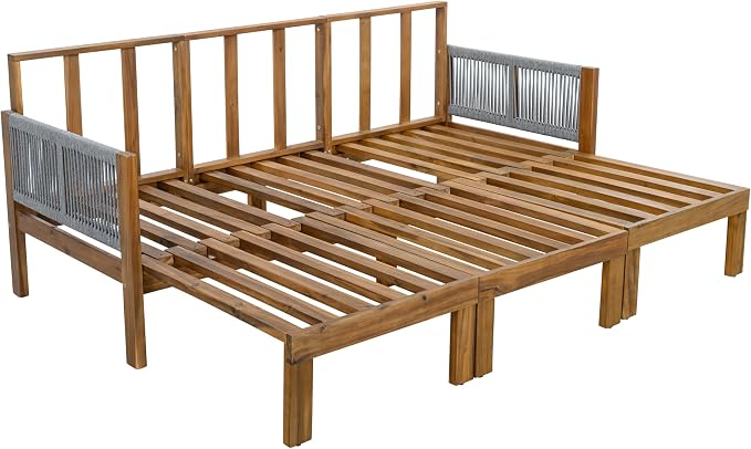 JIVOIT Outdoor Patio Daybed with Rope-Woven Armrests, Convertible Outdoor Sleeper Sofa with Acacia Wood Frame, 3 Seat Patio Sunbed for Backyard, Pool (Gray/85)