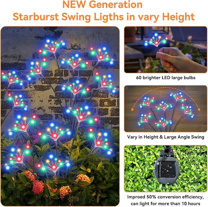 Solar Garden Lights 2 Pack Waterproof Solar Swaying Starburst Light Outdoor Lights for Yard Patio Walkway Pathway Party Wedding Christmas Decorative, Multicolor