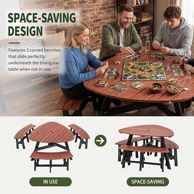 KEIKI 6-Person Outdoor Picnic Table Set with Benches & Umbrella Hole | Seats 6 with a 1,500 lb capacity, solid fir wood, umbrella hole, and 3 built-in benches for outdoor dining
