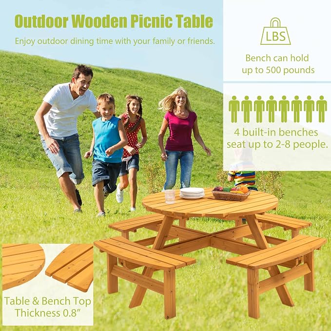 Thanaddo 8-Person Outdoor Circular Wooden Picnic Table, Camping Dining Table w/ 4 Built-in Benches, Outside Table Set with Umbrella Hole, 2220lb Capacity for Garden Patio Backyard - Natural