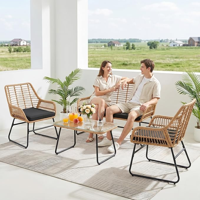 4 Piece Outdoor Wicker Patio Conversation Bistro Set, Rattan Patio Furniture Set with Table and Cushions, Conversation Loveseat Chairs for Backyard, Balcony, Black