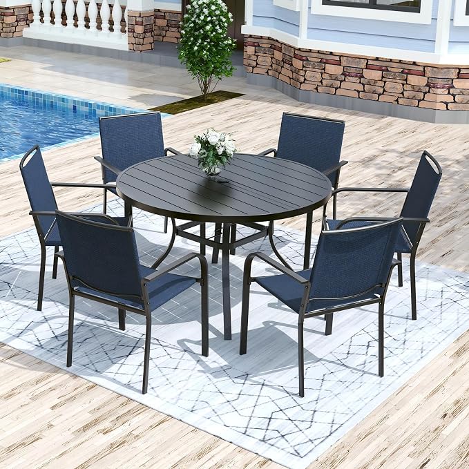 Anmutig 7 Piece Patio Dining Set 48 Inch Round Table Stackable Chairs Blue | Powder-Coated Steel Frame, Quick-Dry Textilene Mesh, Dual-Size Umbrella Hole, Weather Resistant, Patio, Garden, Backyard