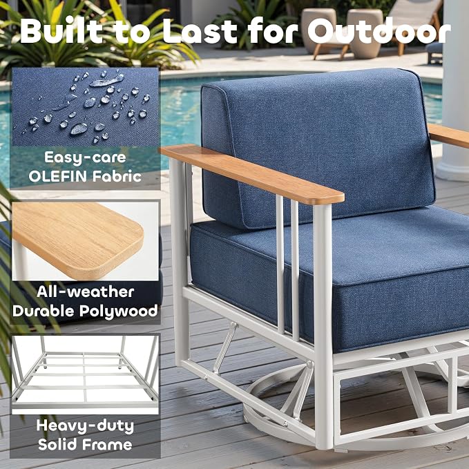 Luxury Swivel Patio Chairs with 6" Extra Thick Cushions, Outdoor Swivel Chairs with Side Table, Outdoor Patio Bistro Glider for Porch, Balcony, Deck, Patio, Yard, Poolside, White/Blue