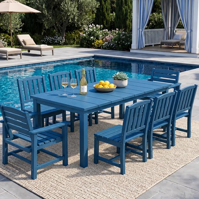 9-Piece HDPE Patio Dining Set for 8, 75.2" Table,Navy Blue | HDPE material, umbrella hole design, weather-resistant patio furniture, perfect for yard, lawn, garden, balcony, deck