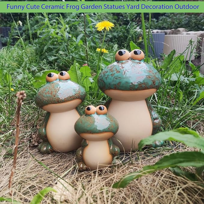 Ceramic Frog Garden Decor Set of 3 - Funny Cute Frog Lawn Ornaments, Outdoor Pond Patio Statues for Yard, Front Porch, Backyard Decor (Dad, Mom & Baby Frogs)
