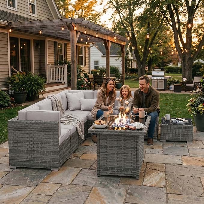 15 Pieces Patio Furniture Set with 44" Propane Gas Fire Pit Table, Outdoor Sectional Wicker Conversation Sofa Sets with Coffee Table