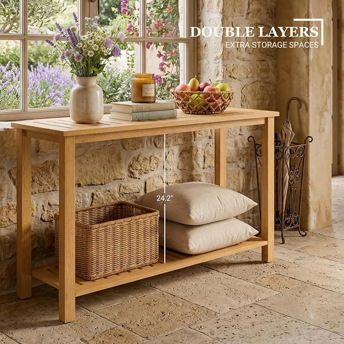 Premium 2-Tier Wooden Console Table with Storage Shelf Solid Eucalyptus Wood 48.03"x 16.14"x 31.1" Entryway Sofa Table for Hallway, Living Room (Golden)