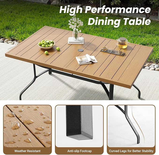 Soohow Outdoor Patio Table with 1.57" Umbrella Hole, 60"x35" Outdoor Dining Table Wood-Like Texture, All-Weather Metal Frame Patio Dining Tables for Poolside, Deck, Proch