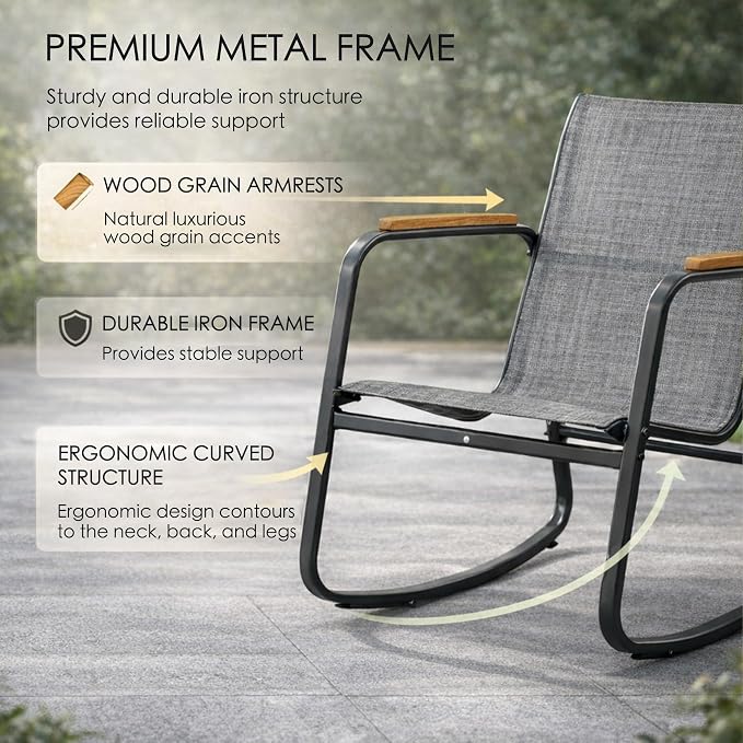Kozyard 3-Piece Rocking Chair Set, Outdoor Rocking Textilene Bistro Set with Wooden Armrests, Outdoor Conversation Set with Glass Table for Lawn, Porch, Yard, Garden, Balcony, Poolside, Gray
