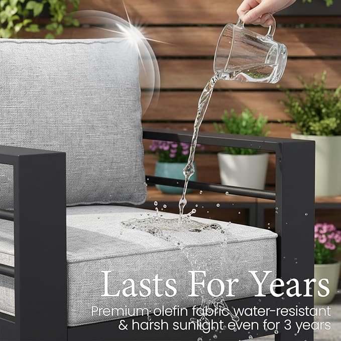 LayinSun Outdoor Aluminum Furniture Set, 4 Pieces Patio Sectional Conversation Chat Sofa Modern Seating Set with Coffee Table