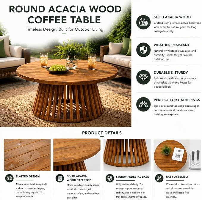 Round Outdoor Coffee Table for Patio, 31.5 Inch Acacia Wood Side Table with Slatted Pedestal Base, Farmhouse Outside Coffee Table for Garden, Balcony, Poolside, Porch, Weather-Resistant, Teak