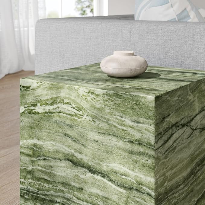 Modway Jordana Indoor Outdoor Concrete Side Table in Green Marble – Square Plinth End Table with Faux Stone Finish - Concrete Furniture Accent Table for Patio, Garden, or Living Room