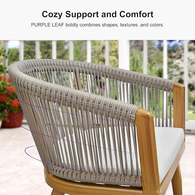 PURPLE LEAF 9-Piece Patio Dining Set with Cushions All-Weather Wicker Deep Teak Round Table and Chairs Teak-Finish Aluminum Frame Outdoor Furniture for Garden Deck Backyard