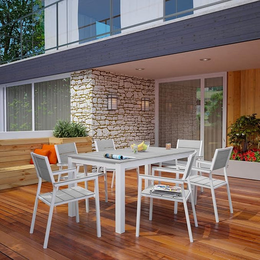 lm Modway Maine 7 Piece Outdoor Patio Dining Set, White Light Gray