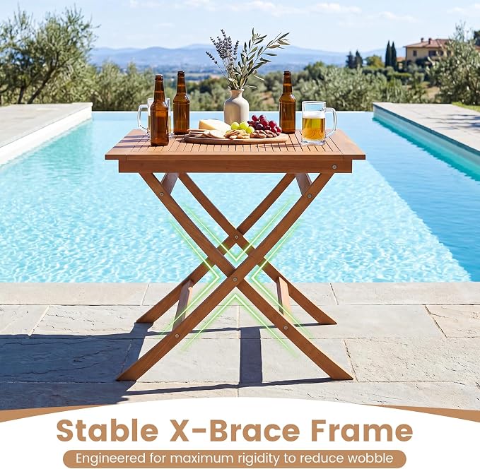 Tangkula Teak Wood Folding Outdoor Table, 32-Inch Square Patio Dining Table for 4, Collapsible Outside Bistro Table with Sturdy X-Frame for Deck, Balcony, Yard, Poolside & Porch