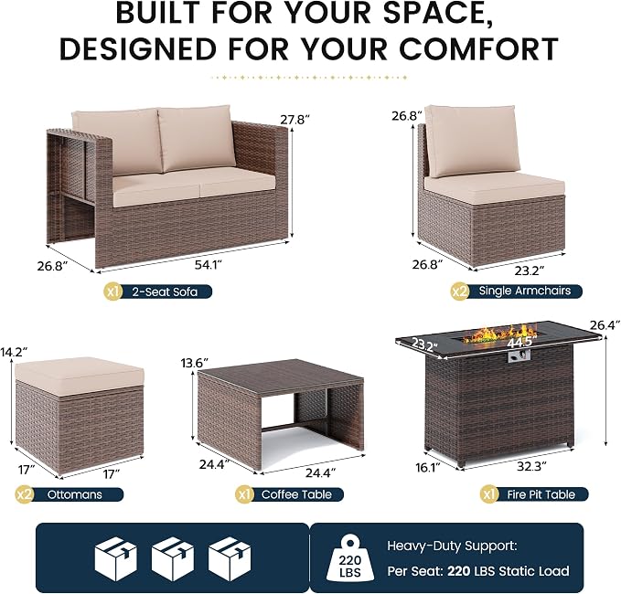Amopatio Patio Furniture Set with Fire Pit Table, All-Weather Wicker Outdoor Conversation Sofa Set with Glass Coffee Table, Cushions & Ottomans for Deck Backyard Porch Lawn Brown/Khaki