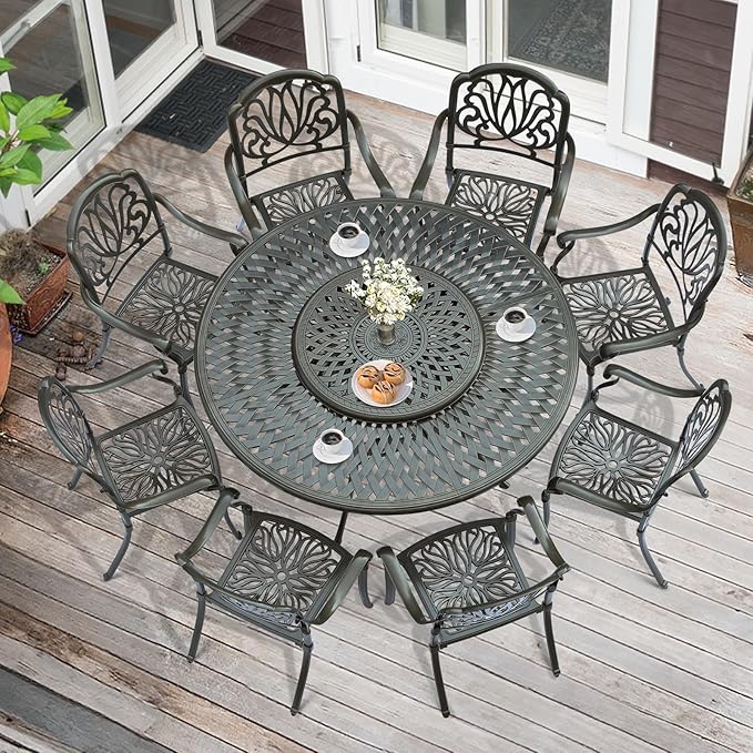 MEETWARM 9-Piece Outdoor Furniture Dining Set, All Weather Cast Aluminum Patio Garden Set- 8 Chairs, 61" Round Patio Dining Table with Detachable Lazy Susan, 2" Umbrella Hole,Dark Bronze