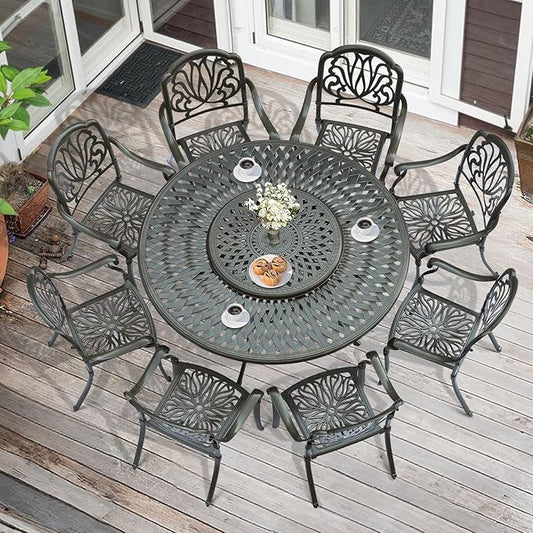 MEETWARM 9-Piece Outdoor Furniture Dining Set, All Weather Cast Aluminum Patio Garden Set- 8 Chairs, 61" Round Patio Dining Table with Detachable Lazy Susan, 2" Umbrella Hole,Dark Bronze