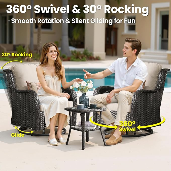 ovios 7-Pieces Patio Furniture Set with 42" Fire Pit Table Swivel Chairs, Outdoor Wicker Sofa Couch Gliders Rocker, High Back Modern Conversation Set, Brown Rattan, Beige