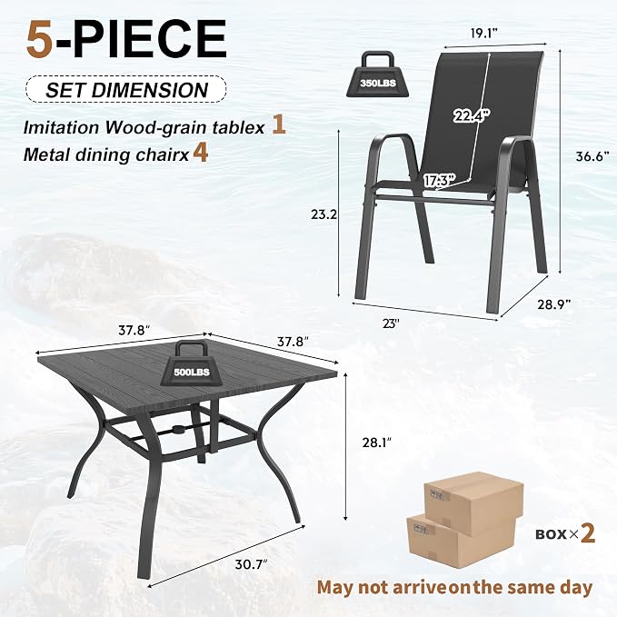 Outdoor Dining Set for 4, Patio Metal Table and Chairs Set with 1.97'' Umbrella Hole, 5pcs Patio Furniture Set 37.8”x37.8” Dining Table Set with Stackable Chairs for Backyard Pool Deck