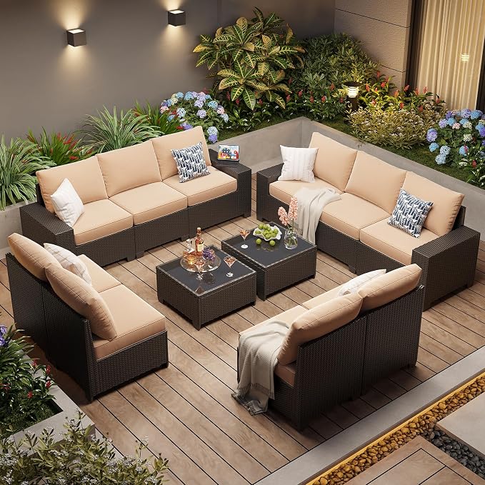Aoxun Patio Furniture Set, 12 Pcs Outdoor Patio Furniture Sets with 4 in Thicken Cushion and Coffee Table, Widen Armrests Wicker Outdoor Sectional for Backyard and Garden, Beige