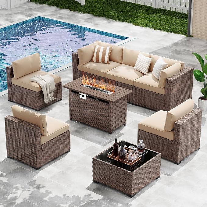 LazySunsets 8-Piece Patio Furniture Set with 44" Fire Pit Table, Wicker Outdoor Furniture, Patio Conversation Sets with Coffee Table, Outdoor Sectional Couch, Beige