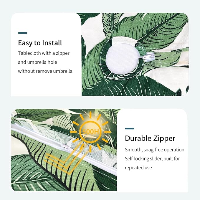 DYTXIII Outdoor Round Tablecloth with Umbrella Hole 60 Inch, Water Repellent & Fade Resistant Table Cover, All Weather Outdoor Tablecloth for Garden & Party Table, Palms Green