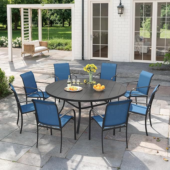 VICLLAX 9 Pieces Patio Outdoor Dining Set, 53" Round Metal Table with Umbrella Hole and 8 Stackable Textilene Chairs for Patio, Lawn, Garden, Porch, Black/Dark Blue