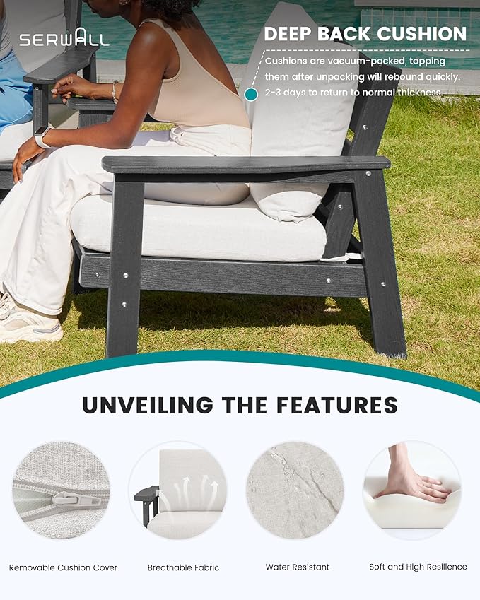 SERWALL Outdoor Loveseat, All-Weather HDPE Outdoor Furniture Set, Grey Frame and Khaki Cushion
