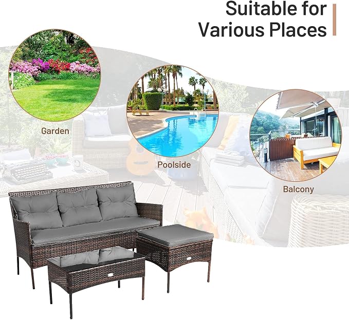 RELAX4LIFE 3 Pieces Patio Furniture Sectional Set, Rattan Wicker Conversation Set W/ 5 Cozy Seat & Back Cushions, Tempered Glass Coffee Table for Poolside, Balcony, Backyard Outdoor Furniture (Gray)