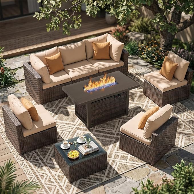 8 Pieces Outdoor Sectional Patio Furniture Set with Fire Pit Table,PE Rattan Wicker Patio Sectional Conversation Set with Cushions and Glass Coffee Table Beige
