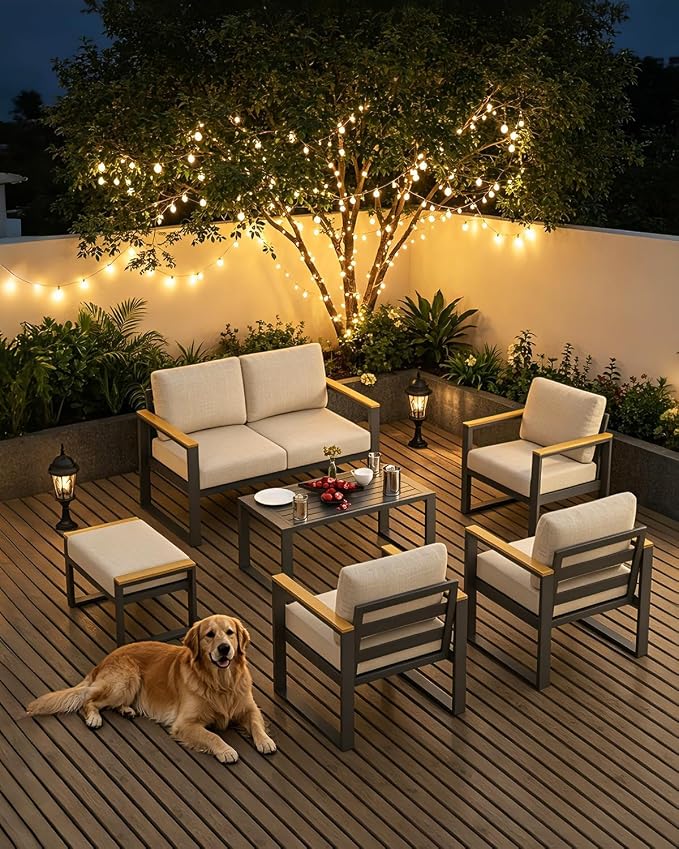 Aluminum Outdoor Patio Furniture - 1 Pcs Loveseat and Coffee Table, All-Weather Metal Modern Outside Furniture with Washable Thick Cushion for Balcony, Garden, Deck, Backyard, Beige