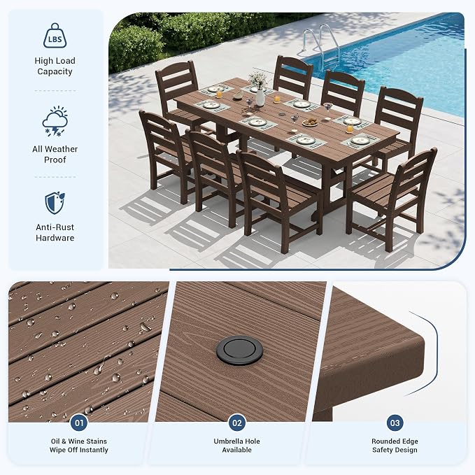 KINGYES 8-Seat Outdoor Patio Dining Set,84 inch HDPE Rectangular Table and Chairs Set，Waterproof Furniture Set with Umbrella Hole for Backyard,Brown