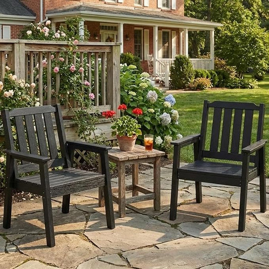 GAOMON Outdoor Patio Dining Chairs Set of 2, All-Weather HDPE Garden Dining Chairs with Armrests, Wide Seat and Sturdy Frame,Waterproof Design, for Garden, Backyard, Deck, Black
