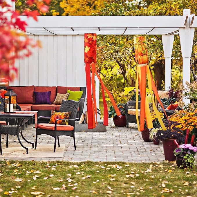 NOVWANG 2 Pieces 40 Inch Fall Windsocks，Pumpkin Maple Leaf Wind Socks for Outside Decor Hanging Flag for Home Garden Yard Wall Balcony Decoration