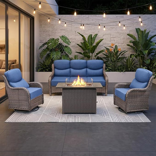 Luxury High Back Outdoor Furniture 6-Inch Thick Cushions with 50,000 BTU Gas Propane Fire Pit Tablet, Patio Furniture Set with Swivel Chairs, for Porch, Balcony, Deck and Yard