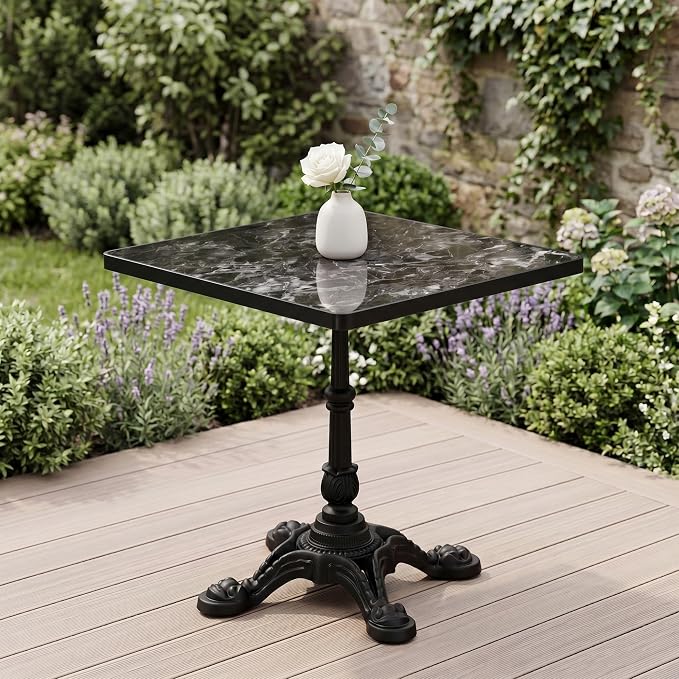 31.5" Square Outdoor Patio Dining Bistro Table, Sintered Stone Top | Glossy sintered stone top, cast iron tulip base, compact size for patio, balcony, garden, or café use, 2-4 People Dining