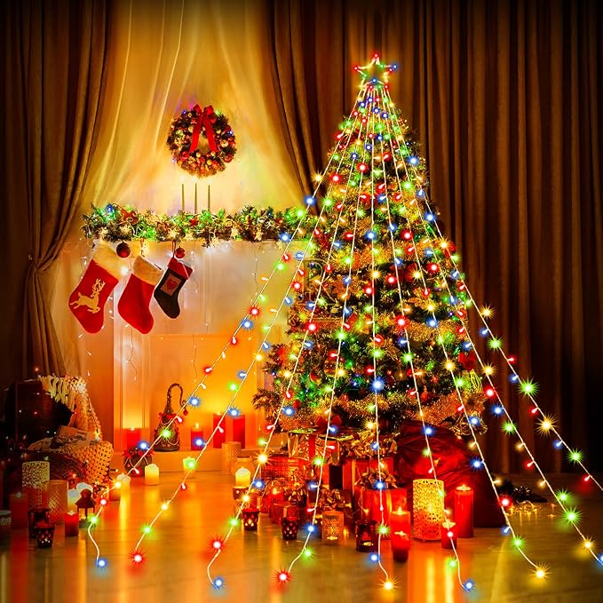 Christmas Decorations, Outdoor Christmas Lights, 320 LED Outdoor Christmas Tree String Lights with 12" Star Toppers [8 Modes& Waterproof] for Xmas New Year Holiday Decor (Multicolored)