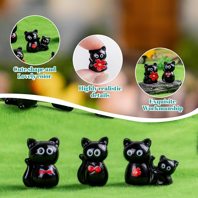 36 pcs Mini Resin Black Cats Variety Tiny Animals Figures Miniature Little Small Cat Figurines Bulk for Micro Fairy Garden Landscape Accessories Hide Crafts Decor Aquarium