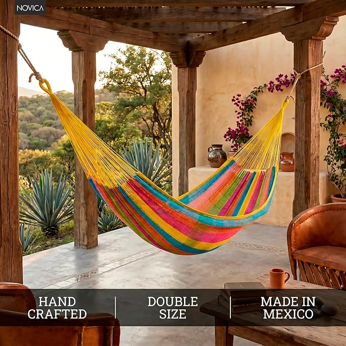NOVICA Bright Yellow Orange Turquoise Blue Striped Tropical Hand Woven Cotton and Nylon Mayan 2 Person XL Rope Hammock, 'Yucatan Feast' (Double)