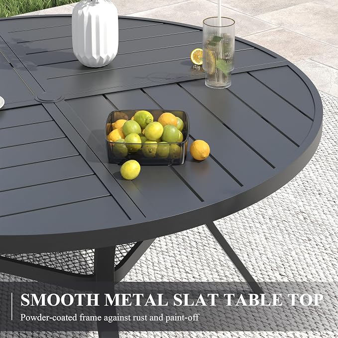 VICLLAX 60" Round Patio Table with Umbrella Hole, All Weather Metal Outdoor Dining Table for 8, Outside Table for Lawn Garden, Black