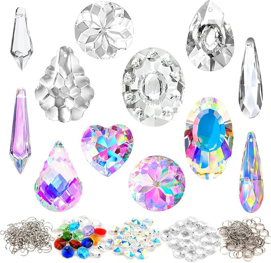 212pcs Crystal Suncatcher Kit, Glass Prisms for Chandelier Parts | K9 Crystal Prism Suncatcher, DIY Kit, Rainbow Maker for Window & Home, 12 Hanging Prisms Set, Shiny Decor Pendants Gift