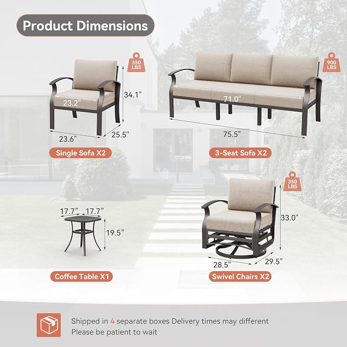 Kurapika Aluminum Patio Furniture Set 10-Seat Modern Metal Outdoor Conversation Sets w/Swivel Rocking Chairs Patio Sectional Sofa w/5.1 Inch Cushion, Sand