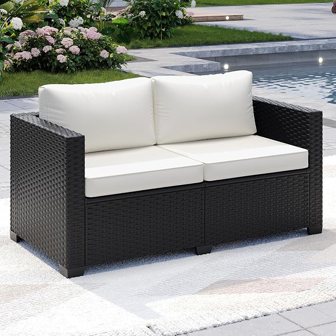 LazySunsets 1-Piece Outdoor Patio Furniture Set, Rattan Outdoor Sectional with Thick Waterproof Cushions, Wicker Ottomans & Waterproof Cover, Patio Conversation Set for Garden, Backyard, Beige