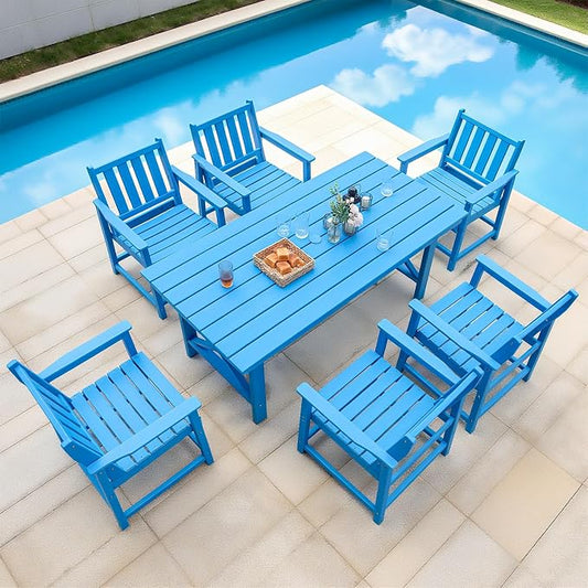 7-Piece Patio Dining Table Sets, Outdoor HDPE Dining Furniture Set Umbrella Hole Cut-Out Table and 6 Chairs for Backyard, Lawn, Deck and Poolside, Blue
