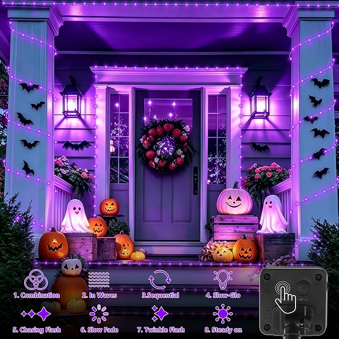 QITONG Purple Solar Halloween Lights, 66ft 200 LED Solar Rope Lights Outdoor, 8 Modes Fairy Lights in Clear Thin Tube